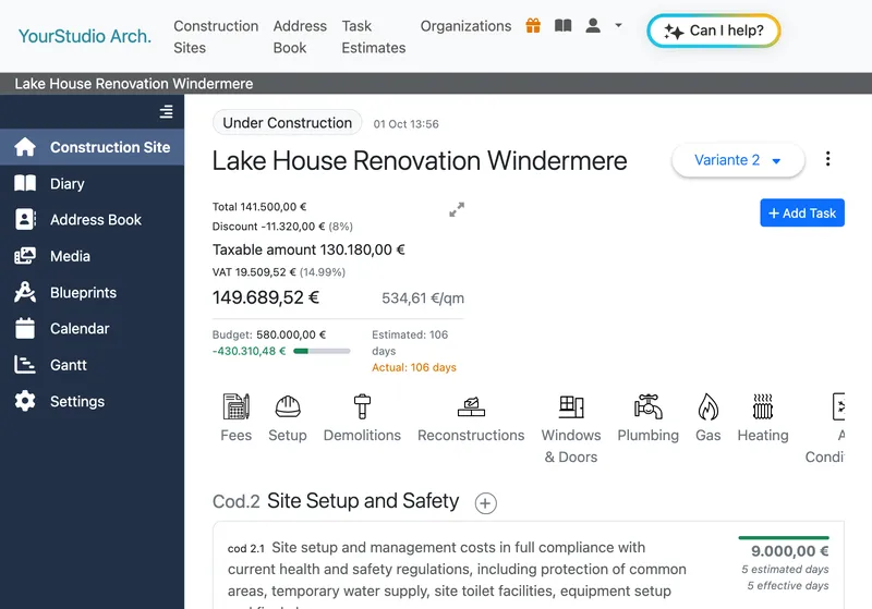 Project page in the tiRinnovo app: estimate totals, budget vs actual and work categories for a villa renovation